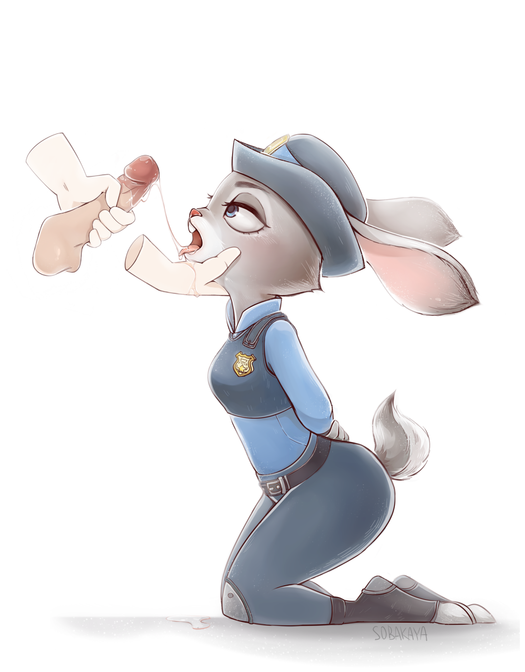 1girls, anthro, arms behind back, bunny, bunny ears, bunny girl, bunny tail, clothing, cum, disney, drool, female, furry, humanoid penis, judy hopps, kneeling, male, mammal, oral, penis, police uniform, policewoman, simple background, straight, tongue, tongue out, white background, zootopia