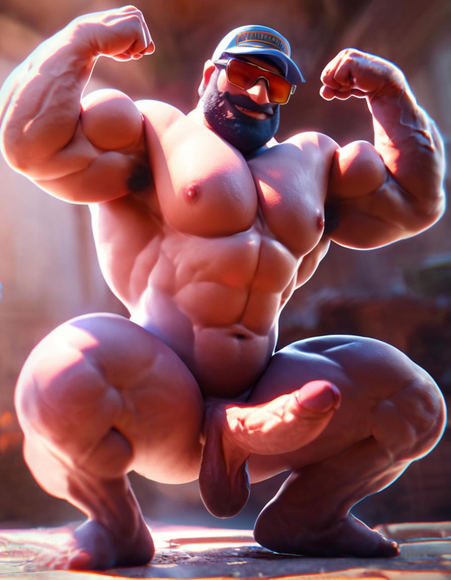 1boy abs ai_generated bara biceps flexing foreman_spike glasses male muscular nude pecs penis smirking squatting super_mario_bros.