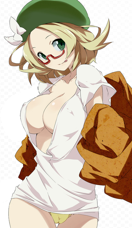 artist_request assistant_pokemon_professor bianca_(pokemon) blonde_hair breasts cameltoe cleavage erect_nipples female glasses green_eyes hair hat headgear large_breasts looking_at_viewer nintendo open_clothes panties pokemon pokemon_bw2 smile solo tongue tongue_out underwear