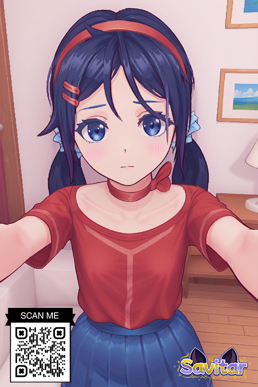 ai_generated bangs black_hair blue_eyes blue_hair blue_scrunchie blue_skirt blush bow choker closed_mouth clothing female female hair_ornament hair_scrunchie hairband hairclip indoors lamp littlehentai long_hair looking_at_viewer low_twintails miside mita pleated_skirt red_bow red_choker red_hairband red_shirt savitar savitar_(artist) scrunchie shirt short_sleeves skirt solo tied_hair twintails wooden_floor