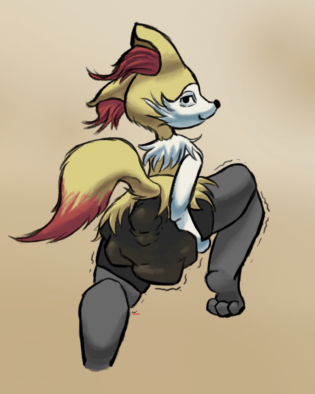 2019 ambiguous_gender anthro black_eyes black_nose braixen canid canine dipstick_tail feces fox fur generation_6_pokemon grey_body grey_fur hand_on_leg hand_on_thigh hi_res jubb looking_at_viewer looking_back looking_back_at_viewer mammal marching markings motion_lines nintendo on_one_leg pokemon pokemon_(species) raised_leg raised_tail rear_view red_body red_fur red_tail_tip scat signature smile soiling soiling_bottomwear solo spats standing tail tail_markings white_body white_fur yellow_body yellow_fur yellow_tail