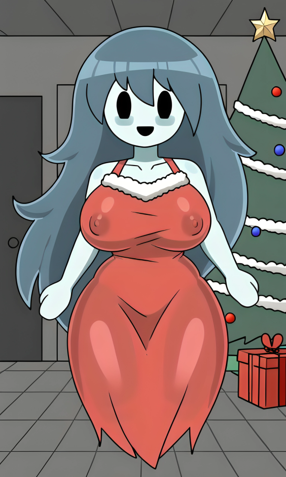 1girl :d ai_generated black_eyes blue_hair blue_skin blush_stickers christmas christmas_outfit christmas_present christmas_tree curvy female floating fully_clothed ghost ghost_girl indoors large_breasts long_hair messy_hair mob_face nipple_bulge pixai red_dress slim_waist spooky's_house_of_jump_scares spooky_(shojs) thick_ass