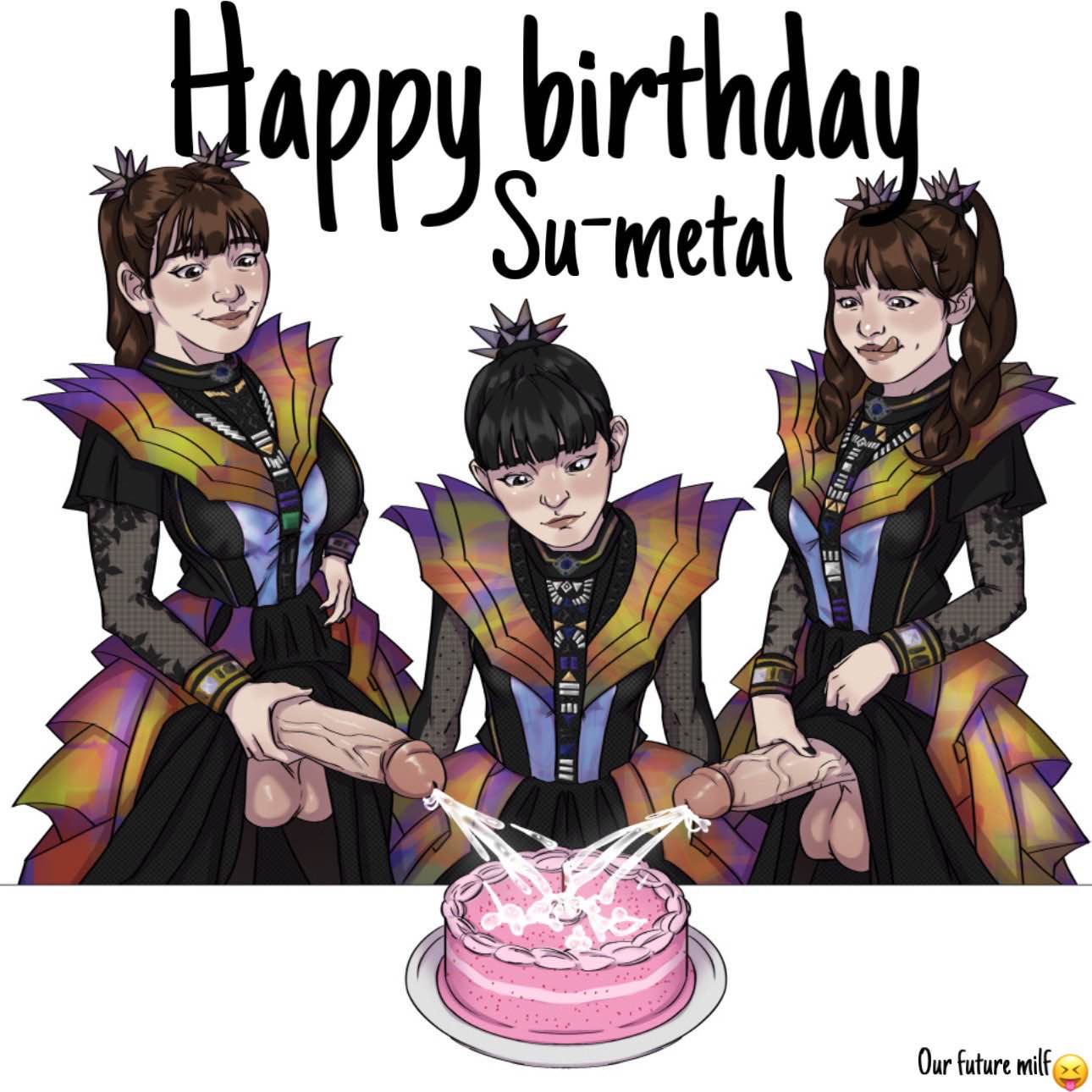 2futas babymetal birthday cake cum cum_on_food food futanari moa_kikuchi moa_metal momo_metal momoko_okazaki multiple_girls penis real_person standing su-metal suzuka_nakamoto testicles tongue_out