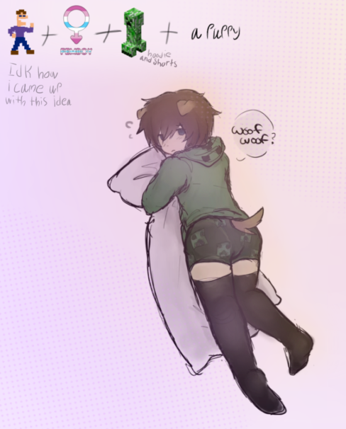 blue_eyes body_pillow brown_hair butt clothed creeper creeper_(minecraft) femboy five_nights_at_freddy's fluffy_ears fluffy_tail fnaf hoodie idk_what_to_tag_it looking_at_viewer michael_afton minecraft puppy short_hair shorts tail thigh_highs