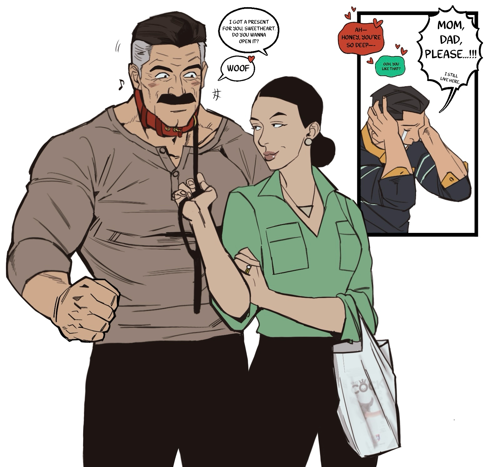 awkward, bonjourdraws, cringing, crying, debbie grayson, deborah grayson, dialogue, dog collar, embarrassed, english text, female, hearing, invincible, invincible (tv series), listening to sex, male, mark grayson, moustache, nolan grayson, omni-man, pet play, smiling, smiling at partner, text