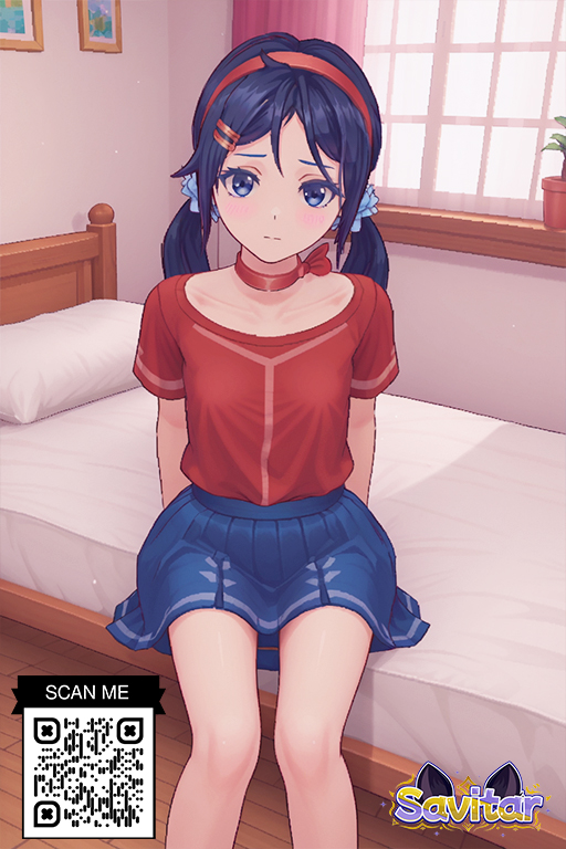 ai_generated arms_behind_back bangs bed bedroom black_hair blue_eyes blue_hair blue_scrunchie blue_skirt blush bow choker closed_mouth clothing curtains female female hair_ornament hair_scrunchie hairband hairclip headwear indoors littlehentai long_hair looking_at_viewer low_twintails miniskirt miside mita on_bed parted_bangs pillow plant pleated_skirt red_choker red_hairband red_shirt savitar savitar_(artist) scrunchie shirt short_sleeves sitting skirt solo tied_hair twintails window wooden_floor