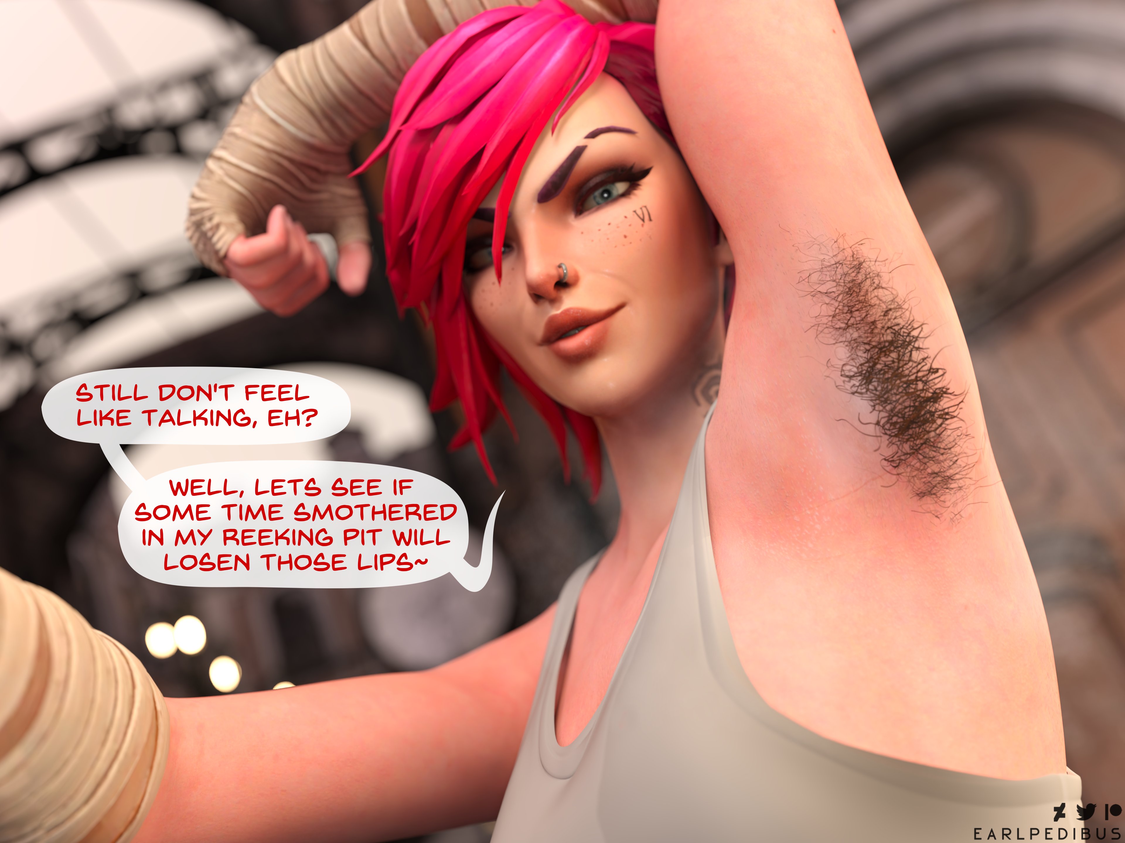2d, arcane, arcane vi, armpit, armpit fetish, armpit focus, armpit hair, armpits, arms up, artist name, bandage, bandaged arm, blue eyes, dialogue, earlpedibus, english, english text, female, female armpit hair, femdom, hairy armpits, hairy female, league of legends, patreon, patreon logo, patreon username, pink hair, pov, speech bubble, tattoo, tattoo on face, tattoo on neck, tattoo under eye, tattoos, text, twitter logo, twitter username, vi