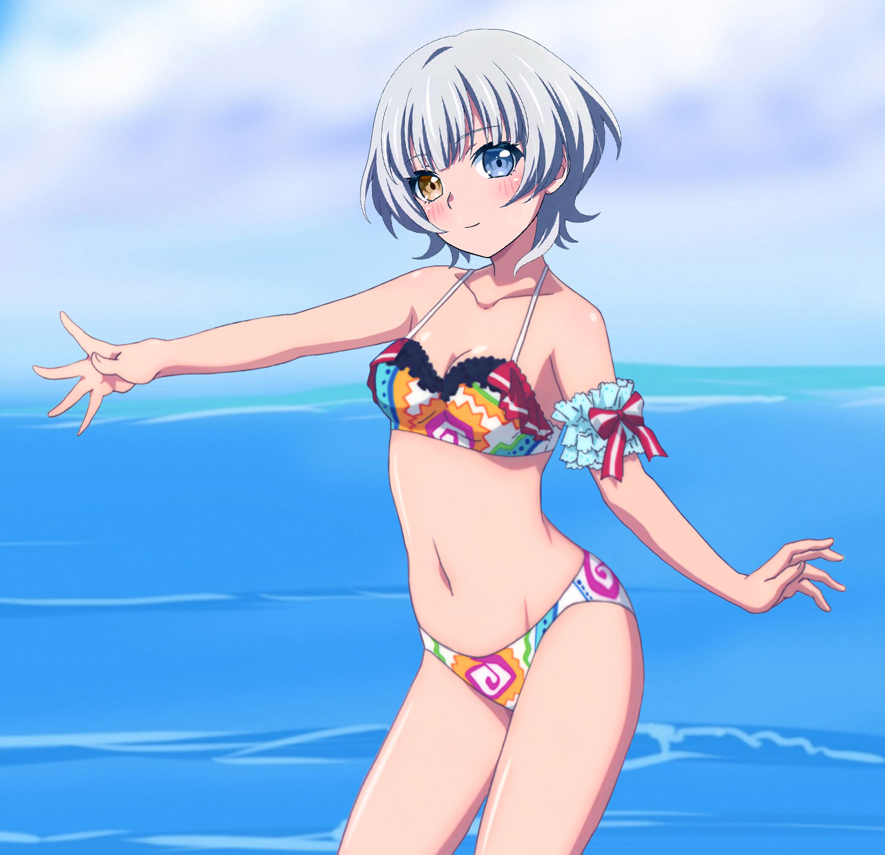 1girls bang_dream! bikini cleavage heterochromia kaname_raana looking_at_viewer medium_breasts string_bikini white_hair