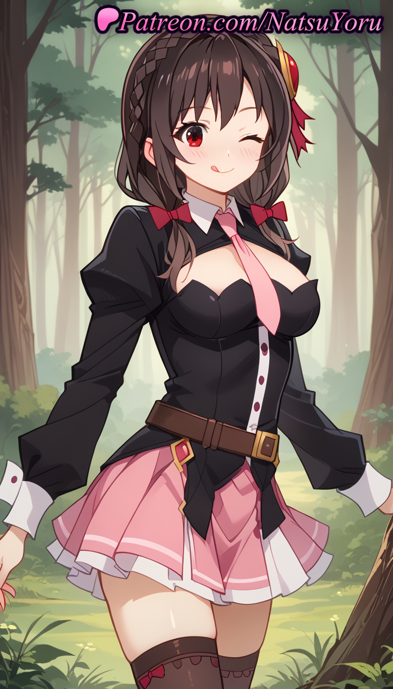 1girls :q ;q ai_generated anime anime_style bangs belt black_hair black_shirt black_thighhighs blouse blush bow braid breasts brown_belt brown_hair brown_thighhighs bust busty cleavage cleavage_cutout closed_mouth clothing_cutout cowboy_shot crown_braid day female female_focus female_only forest grass hair_ornament hairbow hentai juliet_sleeves kono_subarashii_sekai_ni_shukufuku_wo! large_breasts long_hair long_sleeves looking_at_viewer low_twintails medium_breasts medium_hair miniskirt natsuyoru nature necktie one_eye_closed outdoors pink_necktie pink_skirt pleated_skirt puffy_sleeves red_bow red_eyes ribbon shirt skirt smile solo solo_female standing thighhighs thighs tie tongue tongue_out tree twintails voluptuous voluptuous_female yunyun_(konosuba) zettai_ryouiki