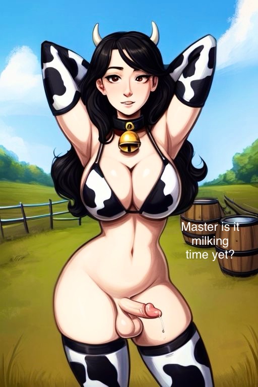 asian asian_female black_hair caption cleavage cow_print cowgirl enjoying farm fence field flaccid futanari happy hucow human_cattle human_livestock light-skinned_female light-skinned_futanari light_skin plantation pleasure_face precum presenting slave slavegirl solo speech standing tagme talking talking_to_viewer text