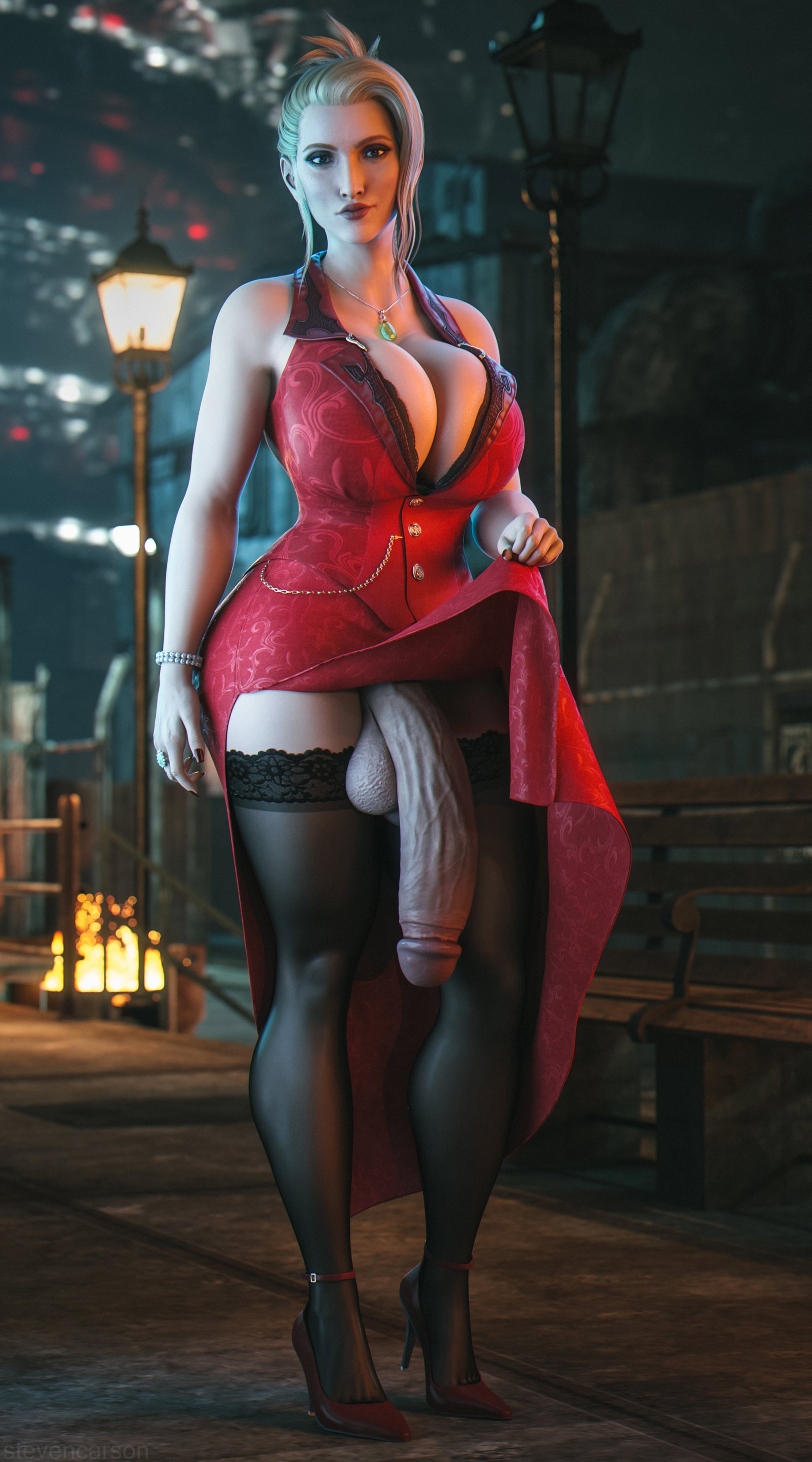 1futa, 2022, 3d, balls, big breasts, blonde hair, blue eyes, breasts, cleavage, dress, dress lift, final fantasy, final fantasy vii, final fantasy vii remake, flaccid, flaccid penis, futa only, futanari, hi res, huge breasts, huge cock, intersex, looking at viewer, massive breasts, outdoors, penis, red dress, scarlet (ffvii), solo, solo futa, square enix, stevencarson, thick thighs, thighhighs, thighs, uncensored, veiny penis, very high resolution
