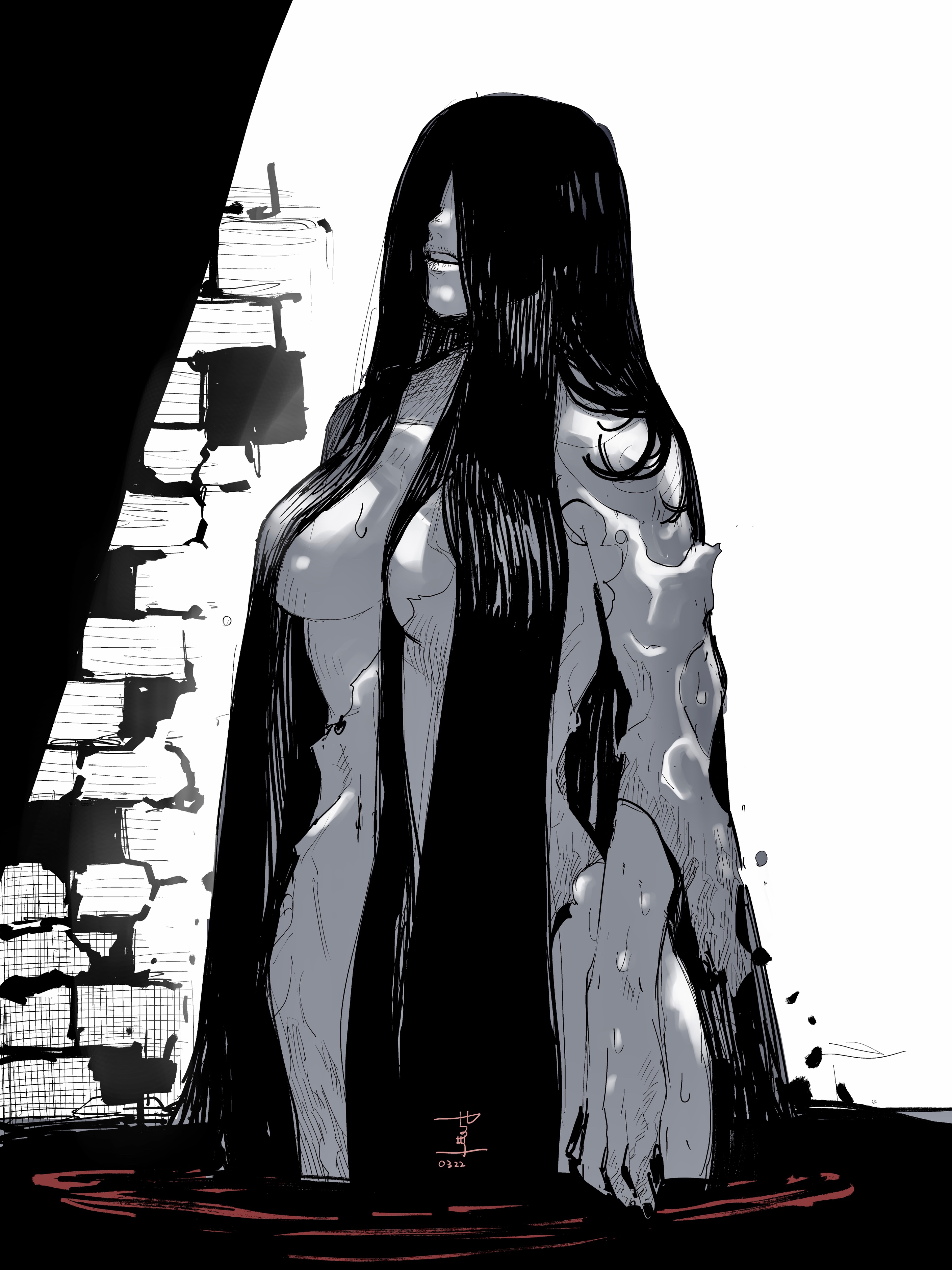 1girls, big breasts, black fingernails, breasts, female, hair between eyes, long hair, parted lips, signature, the ring, very long hair, yamamura sadako, yashiro manabu