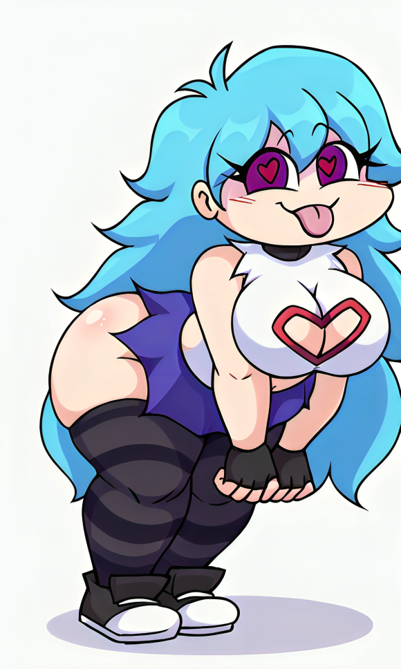 ai_generated bent_over blue_hair blush boob_window chubby chubby_female clothed crop_top curvy fingerless_gloves friday_night_funkin friday_night_funkin_mod heart-shaped_pupils large_ass large_breasts long_hair looking_at_viewer pixai purple_eyes shoes simple_background skirt sky_(friday_night_funkin) skyblue_(friday_night_funkin) striped_thighhighs tongue_out white_background