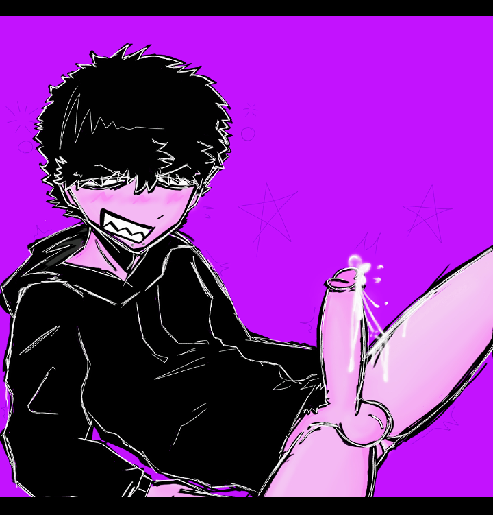 bare_thighs black_clothing black_hair black_hoodie blush blushing_at_viewer cum cum_drip cumshot erection fabfantasy grinning_at_viewer hoodie hoodie_only kets4eki looking_at_viewer male_only musician no_pupils pink_penis pink_skin purple_background scenecore simple_background sitting smug_grin solo_femboy solo_male white_eyes white_outline white_sclera