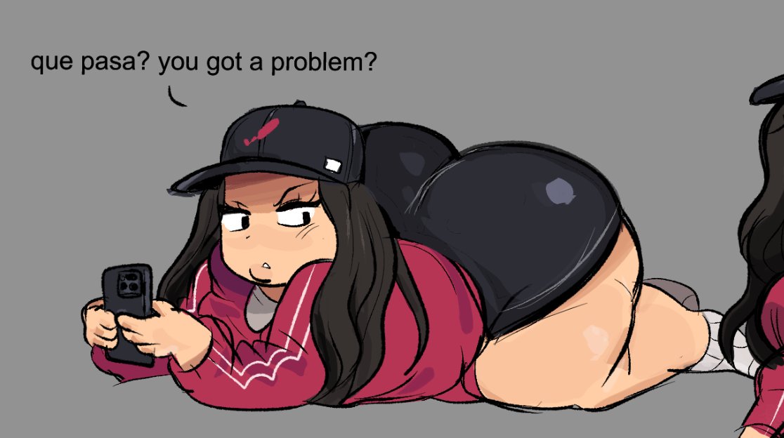 1girls annoyed annoyed_expression ass ass_bigger_than_head ass_focus big_ass big_butt black_hair bottom_heavy bubble_butt clothing curvaceous curvy curvy_figure dat_ass dialogue dumptruck_ass english_text female female_only fully_clothed grey_background hat huge_ass long_hair mstreetsamurai on_stomach phone shorts solo solo_female spanish_text tagme text thick_thighs voluptuous voluptuous_female wide_hips