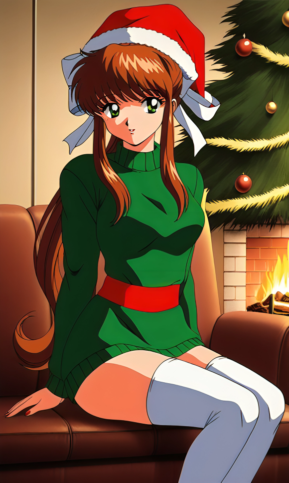 ai_generated bangs bow_in_hair brown_hair christmas christmas_outfit christmas_sweater christmas_tree clothed dim_lighting doki_doki_literature_club fireplace_poker green_eyes living_room medium_breasts monika_(doki_doki_literature_club) no_pants painted_nails pixai ponytail santa_costume sidelocks sitting sitting_on_sofa slim sofa white_bow white_thighhighs