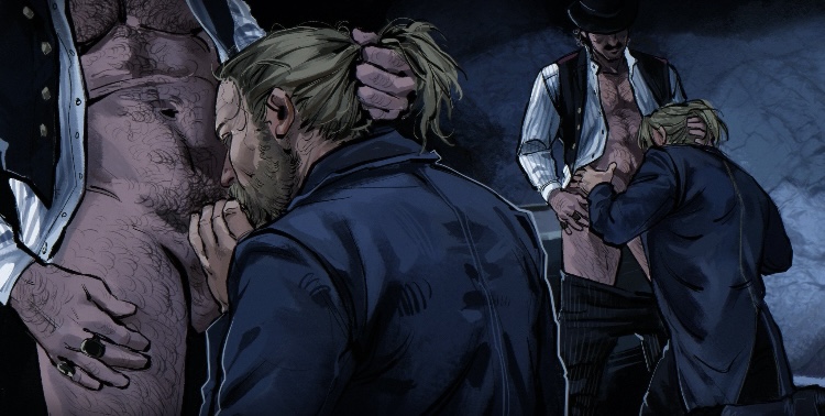 blowjob dutch_van_der_linde hair_pulled_back hair_pulling hairy_male micah_bell oral_sex red_dead_redemption_(series) red_dead_redemption_2