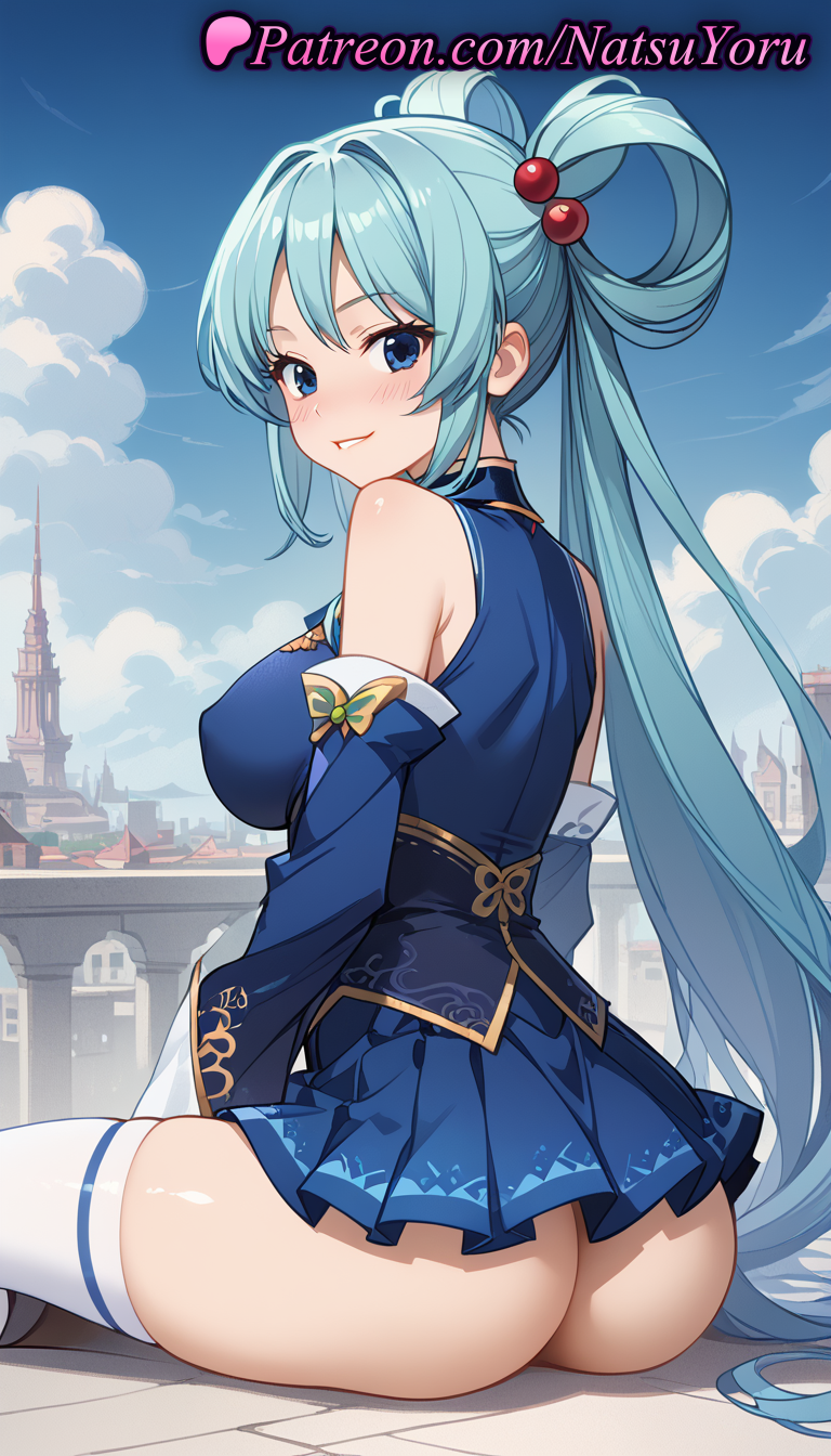 1girls ai_generated anime anime_style aqua_(konosuba) aqua_hair asian ass bangs bare_shoulders big_ass blue_dress blue_eyes blue_hair blue_shirt blue_skirt blue_sky blush boots breasts bust busty closed_mouth cloud covered_nipples day detached_sleeves female female_focus female_only from_behind hair_bobbles hair_ornament hair_rings hentai juicy_butt kono_subarashii_sekai_ni_shukufuku_wo! large_ass large_breasts legs long_hair long_sleeves looking_at_viewer looking_back microskirt miniskirt natsuyoru no_panties non-asian oshiri outdoors parted_lips pleated_skirt shirt sitting skindentation skirt sky sleeveless sleeveless_shirt smile solo solo_female thick_thighs thighhighs thighs twintails very_long_hair voluptuous voluptuous_female white_thighhighs zettai_ryouiki