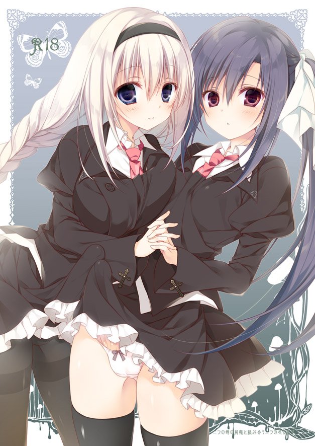 2girls black_jacket black_pantyhose black_skirt black_thighhighs blue_eyes blue_hair bow bow_panties braid bulge closed_mouth collared_shirt cover cover_page covered_penis cross cross_print dark_blue_hair dot_nose doujin_cover erection erection_under_clothes expressionless flat_chest frilled_skirt frills futanari hair_between_eyes hikawa_rina holding_hands inugami_kira jacket juliet_sleeves kawachino_yuumi large_pectorals large_penis light_smile long_hair long_sleeves looking_at_viewer multiple_girls necktie panties pantyhose pectorals penis print_necktie puffy_sleeves red_eyes red_necktie sakura_no_uta school_uniform shirt skirt straight_hair take_your_pick thighhighs twin_braids twintails underwear white_hair white_panties white_shirt wing_print