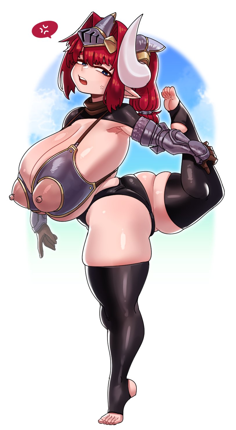 1girls, armored female, ass, breasts, female, female only, horns, huge breasts, ineffective armor, js4935, shortstack, splits, stirrup legwear