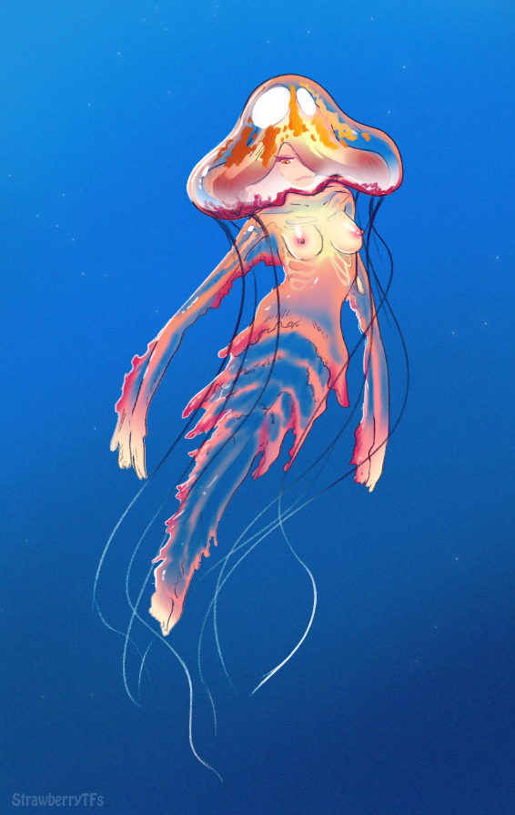 2024 breasts cnidarian digital_media_(artwork) feet female glistening glistening_body human jellyfish looking_down mammal marine medusozoan nipples nude simple_background solo species_transformation strawberrytfs tentacle transformation translucent translucent_body underwater water