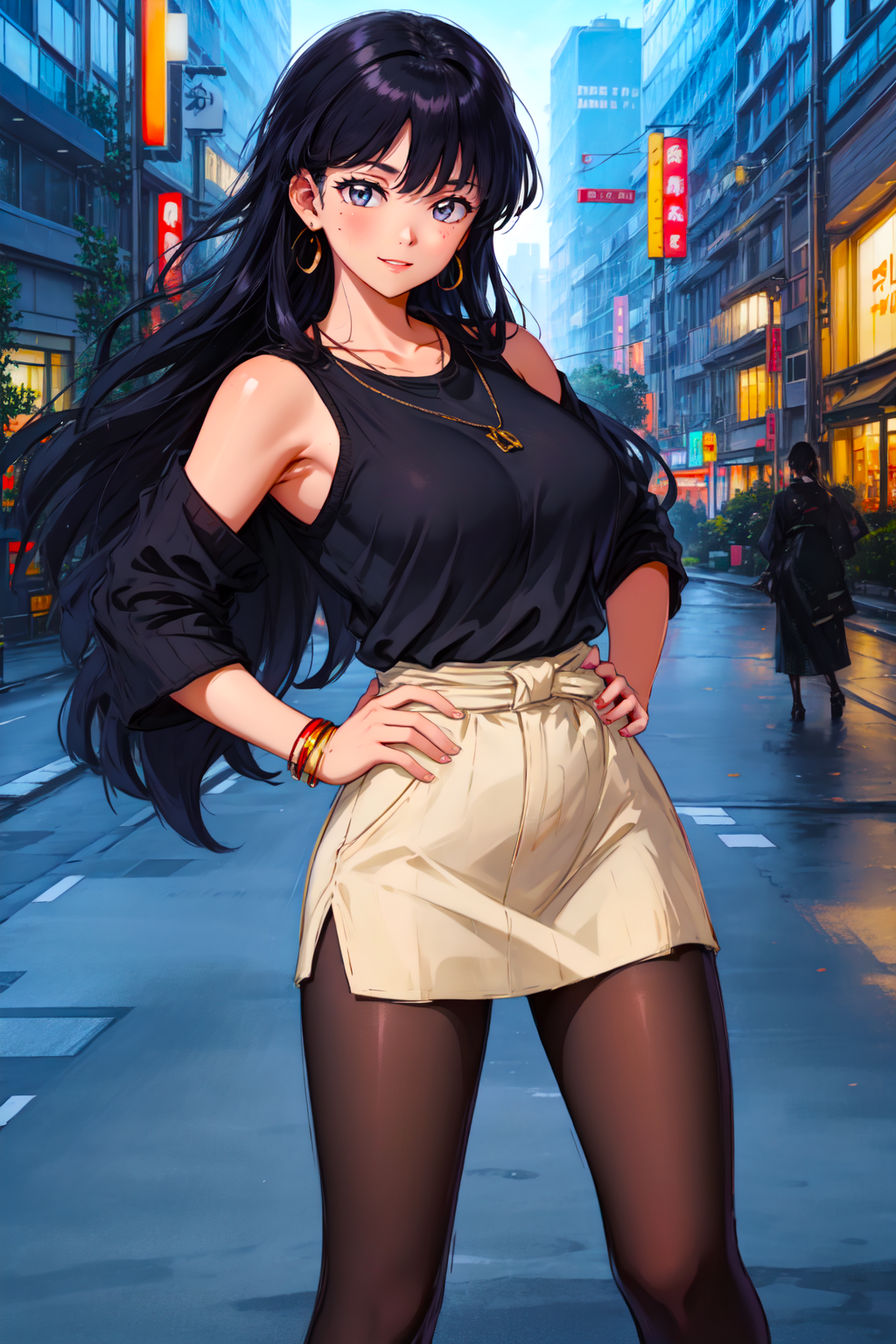 ai_generated anime attractive babe bangs black_hair black_shirt bracelets buildings casual_clothes city_background clothed_breasts curvy_figure earrings female goddess gold_necklace inuyasha japan japanese kikyo_(inuyasha) large_breasts modern_setting morning necklace pantyhose posing posing_for_the_viewer sexy skirt smile smiling_at_viewer solo_female stable_diffusion standing street toongenai town voluptuous voluptuous_female waifu_diffusion young_woman