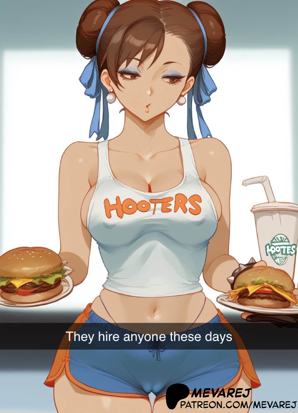 ai_generated alternate_costume bare_shoulders breasts brown_eyes brown_hair bun_cover burger cameltoe chun-li chun-li_(fortnite) chun-li_(street_fighter_6) cleavage collarbone covered_nave, crotchless cup disposable_cup dolphin_shorts double_bun earrings employee_uniform english english_text eyeshadow female food hair_bun hamburger holding hooters indoors jewelry large_breasts makeup menu patreon patreon_logo patreon_url patreon_username restaurant short_hair snap snapchat solo street_fighter street_fighter_6 street_fighter_ii street_fighter_v tank_top thick_thighs thigh_gap thighs tray uncensored uniform waitress