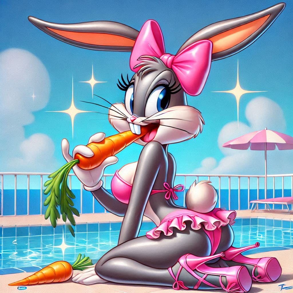 ai_generated bikini bugs_bunny carrot high_heels looking_back_at_viewer looney_tunes mtf_transformation poolside rule_63