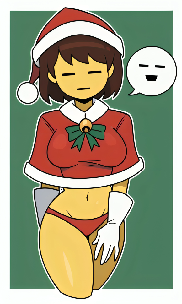 ai_generated big_breasts blank_expression bob_cut brown_hair christmas christmas_clothing christmas_outfit clothed curvy female female frisk frisk_(undertale) green_background happy neutral_expression panties pixai red_panties santa_hat slim solo speech_bubble undertale undertale_(series) white_gloves yellow_sclera yellow_skin