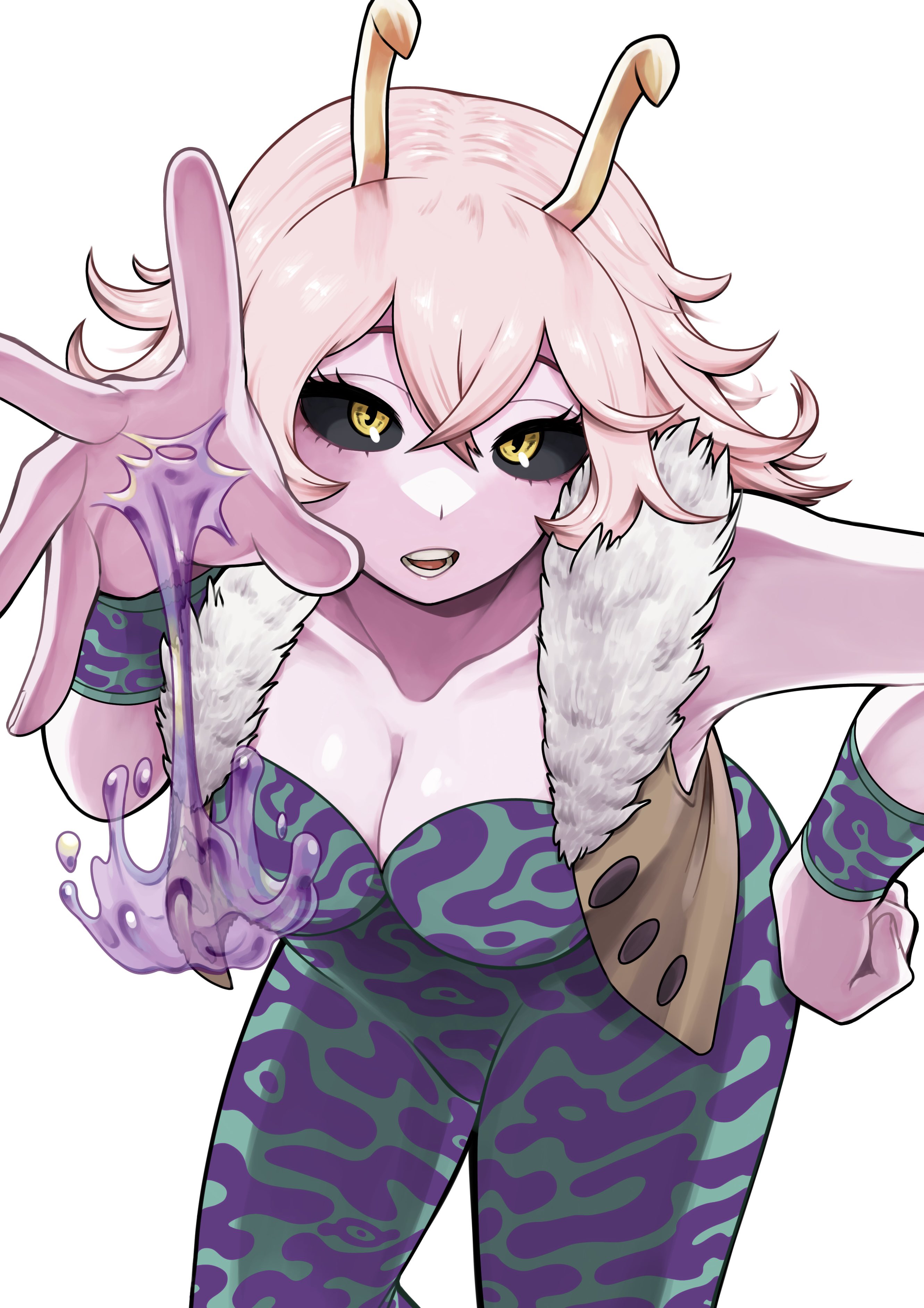 1girls, absurdres, acid, aged up, ashido mina, boku no hero academia, breasts, collarbone, female, female only, hero outfit (mha), highres, hiro illust11, horns, looking at viewer, mina ashido, my hero academia, my hero academia (finale), pink hair, pink-haired female, post-timeskip, simple background, solo, standing