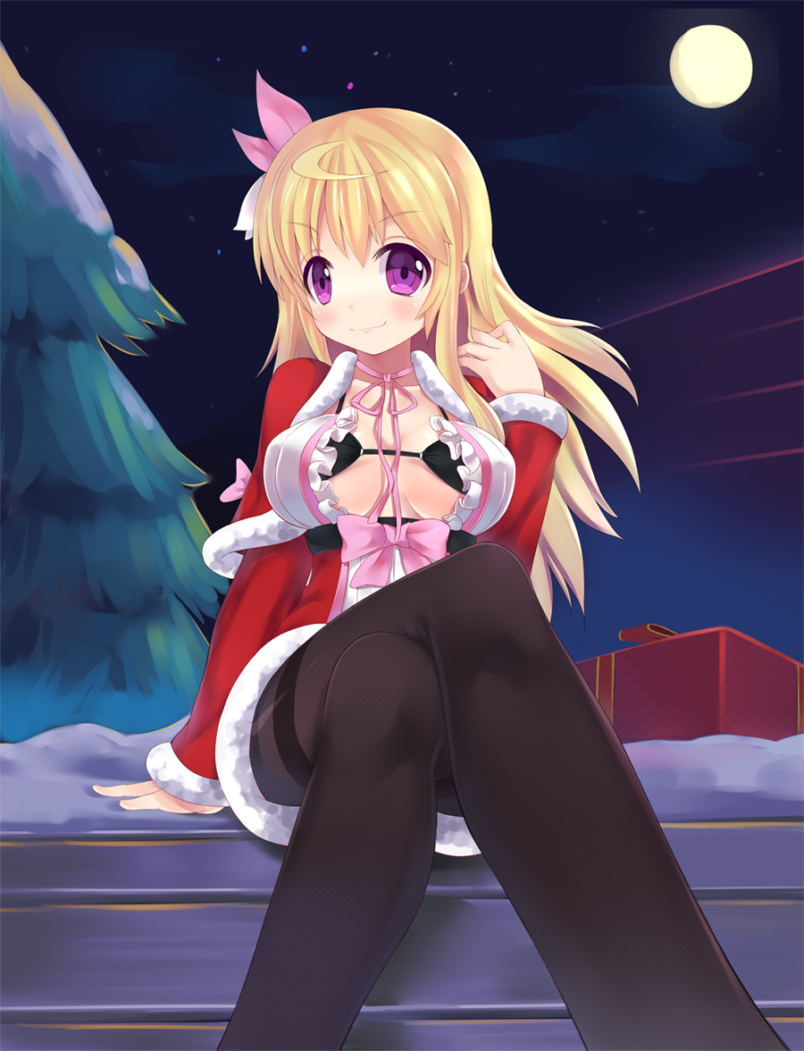 arm_up bikini_top blonde_hair blush bow breasts christmas cleavage female full_moon gift hair_ribbon legs legs_crossed moon night night_sky open_clothes open_shirt original pantyhose purple_eyes ribbon ririko_(zhuoyandesailaer) santa_costume shirt sitting sky smile solo star_(sky) starry_sky thighband_pantyhose thighs