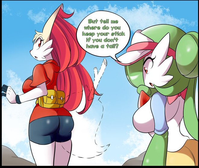 2girls asking_a_question braixen bray_(lucyfercomic) furry gardei_(lucyfercomic) gardevoir lucyfercomic may_(pokemon)_(cosplay) no_tail pokemon pokemon_(species) rosa_(pokemon)_(cosplay)