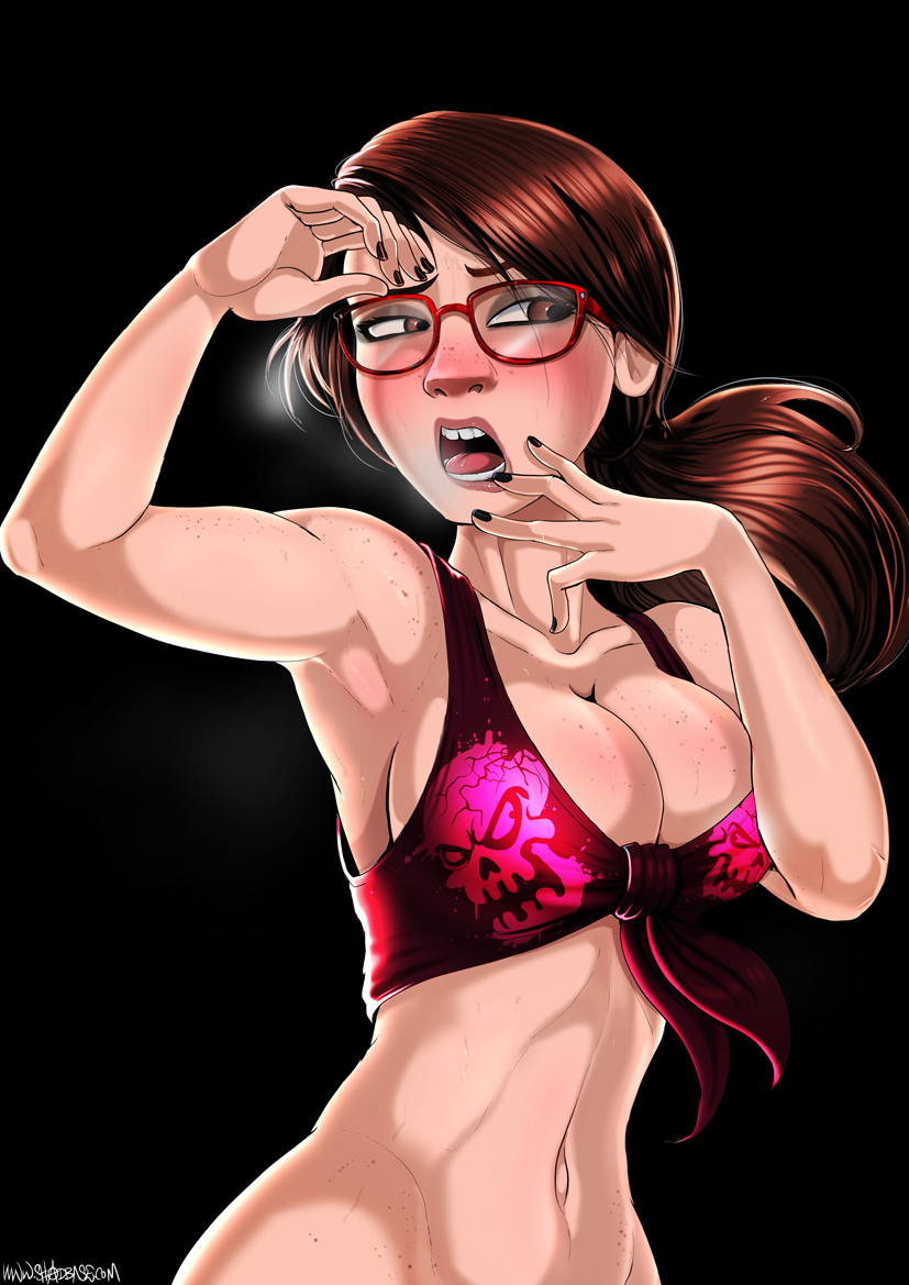 1girls armpits breasts brown_eyes brown_hair cleavage disney eyeshadow female freckles glasses inside_out jill_andersen large_breasts milf navel pixar shadman solo