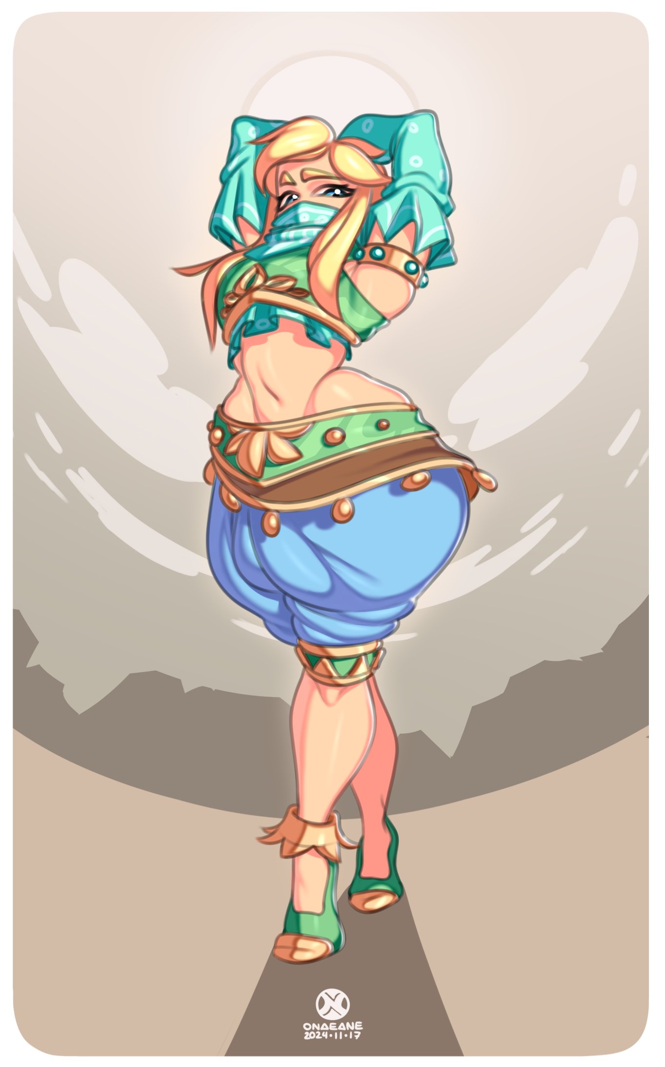 1boy ass big_ass blonde_hair bottom_heavy bulge crop_top fat_ass femboy feminine_male gerudo_link huge_ass link male male_focus male_only midriff nintendo onaeane round_ass solo the_legend_of_zelda thick_ass thick_thighs wide_hips