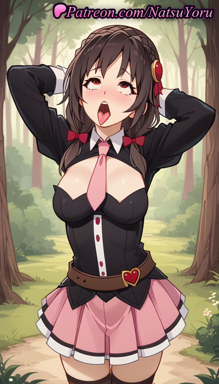 1girls ahe_gao ai_generated anime anime_style arms_behind_head arms_up bangs belt black_shirt black_thighhighs blouse blush bow braid breasts brown_belt brown_hair brown_thighhighs bush bust busty clothing_cutout cowboy_shot crown_braid day female_focus female_only forest grass hair_ornament hairbow heart hentai juliet_sleeves kono_subarashii_sekai_ni_shukufuku_wo! large_breasts long_hair long_sleeves looking_at_viewer looking_up low_twintails medium_breasts medium_hair miniskirt natsuyoru nature necktie non-asian open_mouth oral_invitation outdoors pink_necktie pink_skirt pleated_skirt puffy_sleeves red_bow red_eyes ribbon rolling_eyes shiny_hair shirt skirt solo solo_female standing teeth thighhighs tie tongue tongue_out tree twintails upper_teeth_only voluptuous voluptuous_female yunyun_(konosuba) zettai_ryouiki