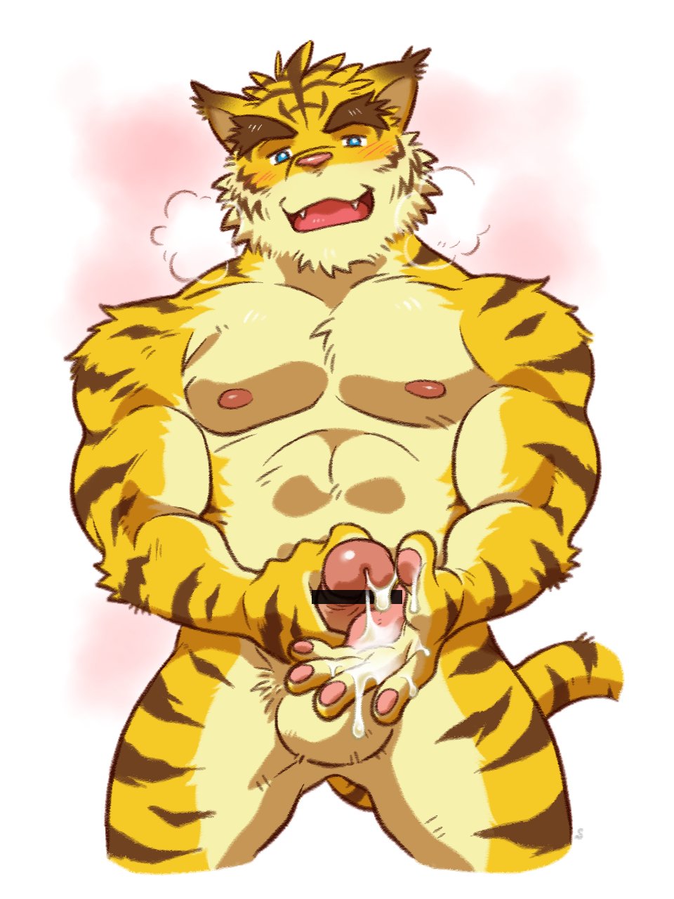 1boy 41raco abs anthro biceps boner censored colored cum cum_in_hand erection feline kirupi male male_only mammal masturbation morenatsu muscular nude orgasm pecs penis simple_background solo tiger torahiko_(morenatsu)