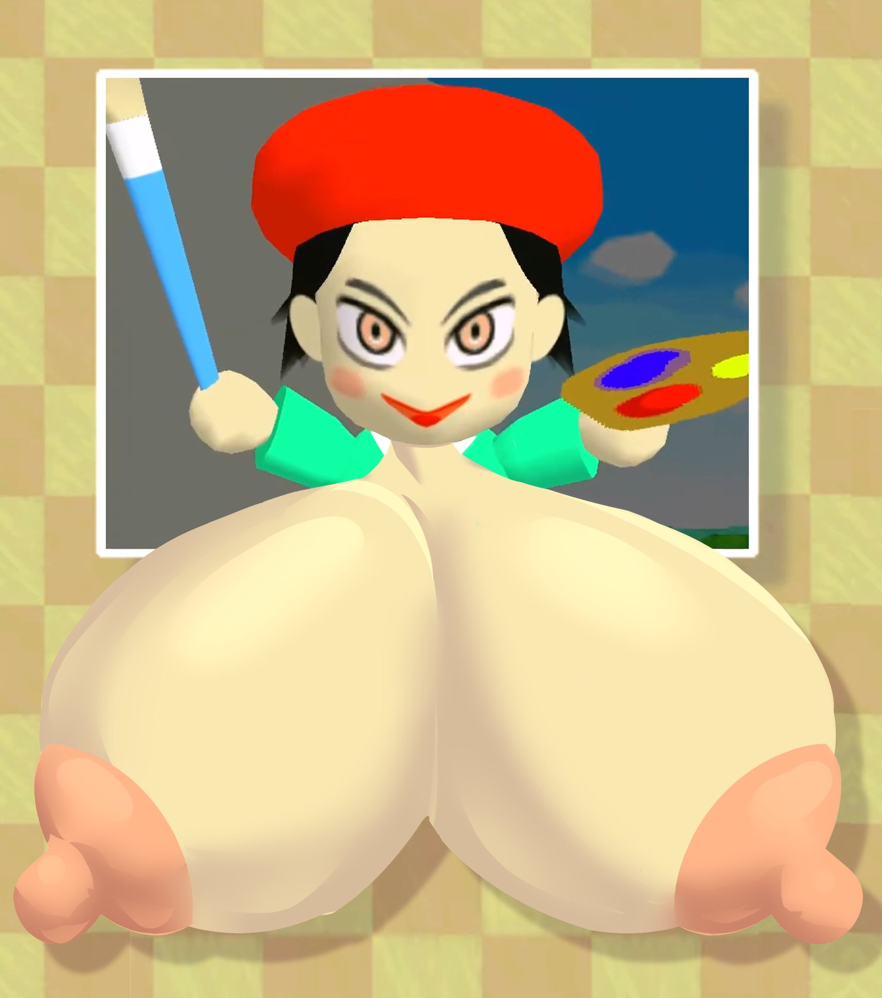1girls, 2026, adeleine, beret, big breasts, black hair, breast focus, breasts, breasts bigger than head, breasts out, clothing, evil grin, evil smile, exposed breasts, hal laboratory, huge breasts, human, hyper breasts, kirby (series), kirby 64: the crystal shards, looking at viewer, nintendo, orange eyes, paintbrush, palette, possessed, possession, screenshot, screenshot edit, short hair, solo, solo female, tasteofchoklit
