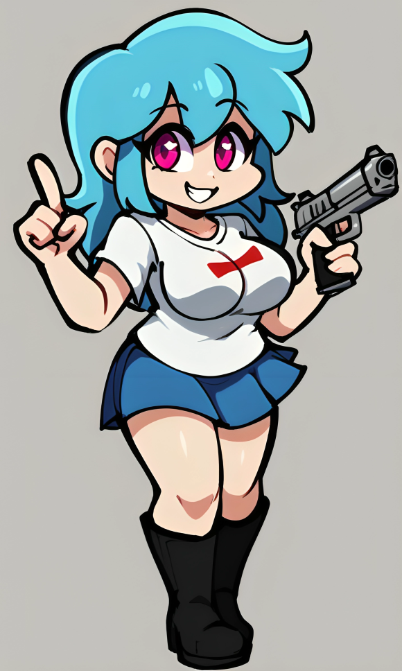 4_fingers ai_generated bangs big_breasts black_boots blue_hair blue_skirt boots curvy friday_night_funkin friday_night_funkin_mod fully_clothed gray_background gun holding_gun holding_weapon index_finger_raised long_hair original_sky_(friday_night_funkin) pink_eyes pixai shirt simple_background skirt sky_(friday_night_funkin) smile smiling t-shirt white_shirt