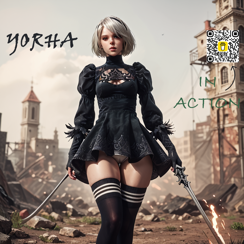 action_pose ai_generated black_legwear blade blue_eyes cleavage cleavage_cutout cute_face destruction expressionless female high_resolution miniskirt panties sfw skirt sword thick_thighs thigh_socks thighhighs walking white_hair yorha_2b