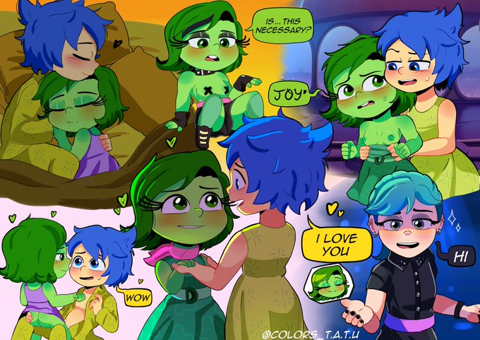 2024 blue_hair blush breasts dialogue disgust_(inside_out) disney grabbing_ass green_skin inside_out inside_out_2 joy_(inside_out) lgbt pixar pulling_down_top riley_andersen romantic sleeping slutty_outfit sweat taped_nipples unknown_artist yellow_skin