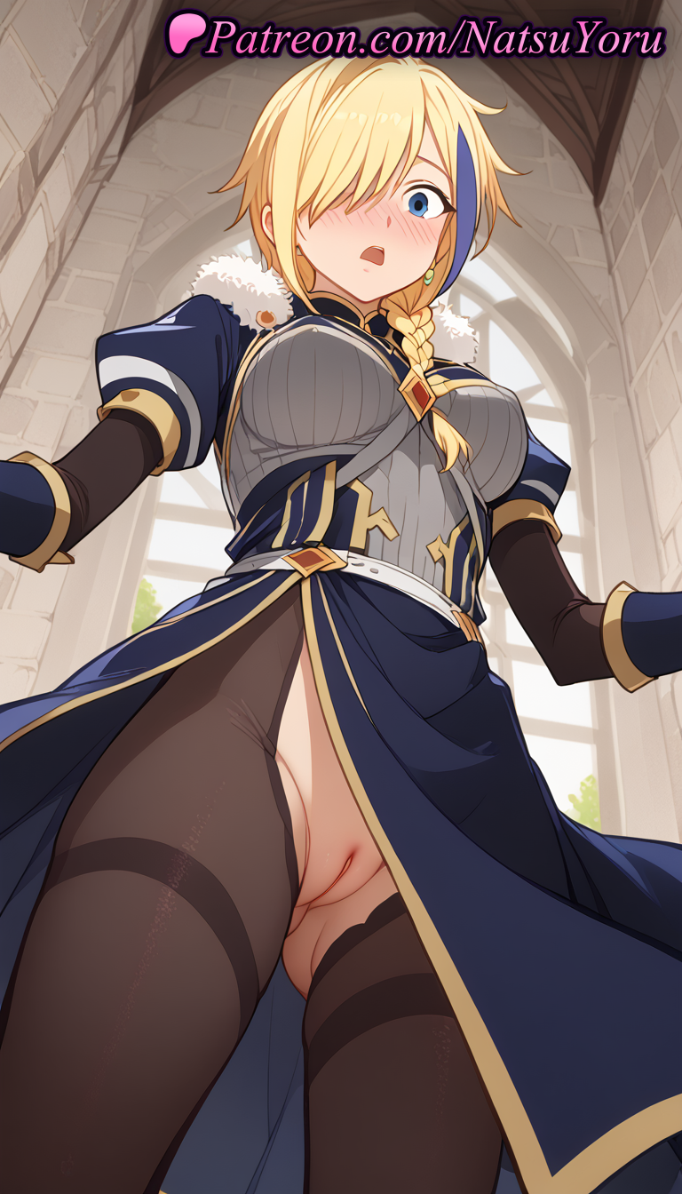 1girls ai_generated anime anime_style armor ass_visible_through_thighs black_pantyhose blonde_hair blue_dress blue_eyes blue_hair blush braid braided_ponytail breastplate breasts bust busty claire_(konosuba) cleft_of_venus cowboy_shot crotch_cutout crotchless dress earrings embarrassed female female_focus female_only female_solo from_below fur_trim gloves hair_over_one_eye hentai indoors jewelry kono_subarashii_sekai_ni_shukufuku_wo! labia labia_majora long_hair long_sleeves looking_at_viewer looking_down medium_breasts multicolored_hair natsuyoru no_panties non-asian nopan nose_blush open_mouth pantyhose pelvic_curtain puffy_short_sleeves puffy_sleeves purple_hair pussy short_sleeves single_braid skirt solo solo_female standing streaked_hair thighband_pantyhose thighhighs torn_clothes two-tone_hair uncensored vagina voluptuous voluptuous_female wide-eyed