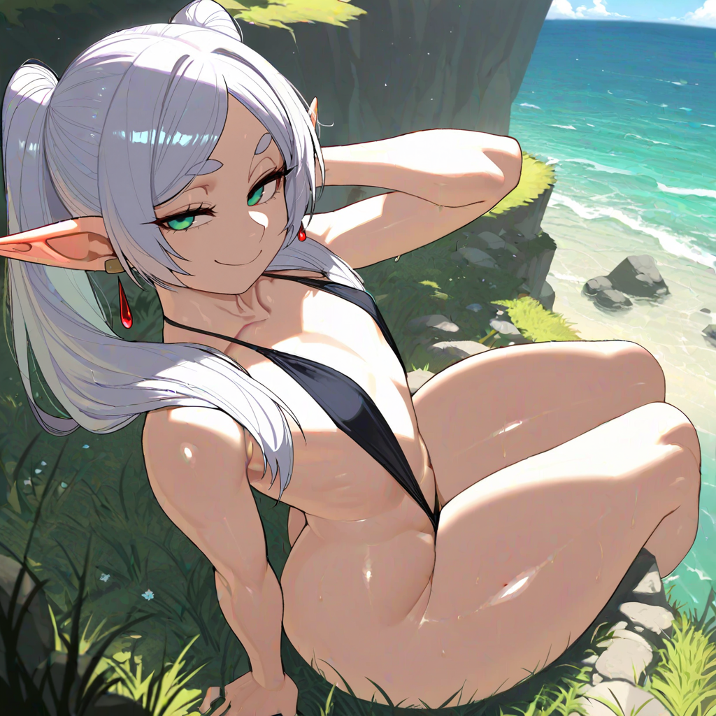 ai_generated ass bellegar bikini cliff curvy elf female flat_chest frieren from_above huge_ass looking_at_viewer ocean outdoors pointy_ears sling_bikini smile smug solo sousou_no_frieren stable_diffusion thick_thighs wide_hips