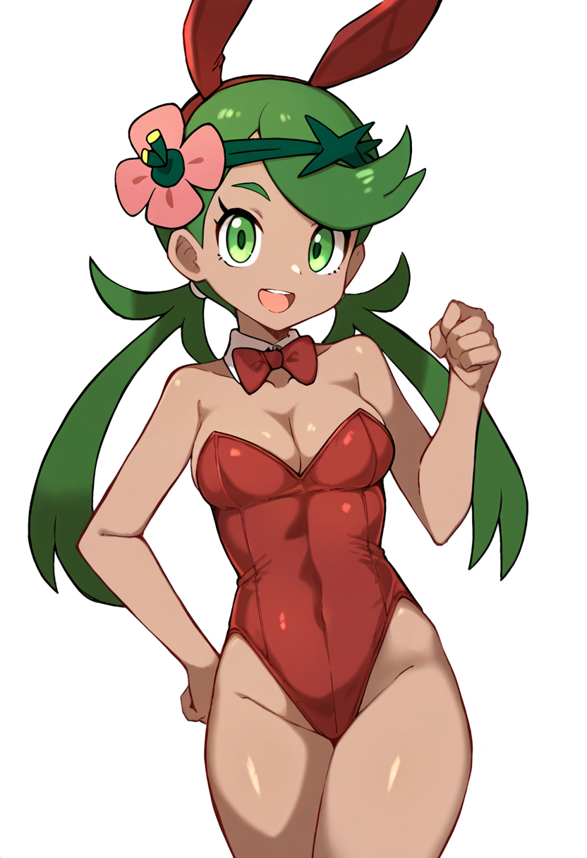 1girls ai_generated bowtie bunny_ears bunny_girl bunnysuit dark-skinned_female fake_animal_ears green_eyes green_hair highleg leotard mallow_(pokemon) novelai open_mouth pokemon pokemon_sm self_upload smile standing thighs twintails