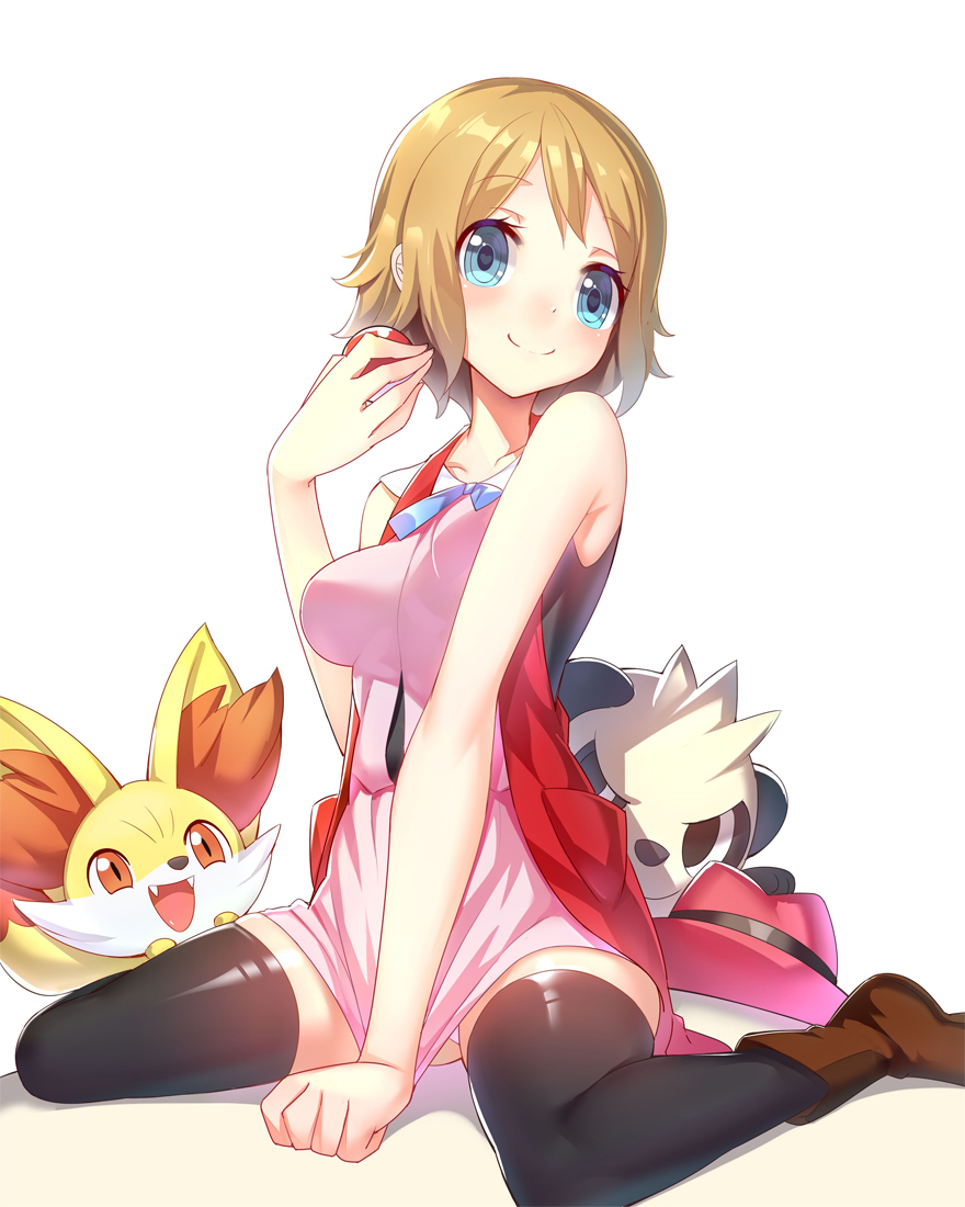 blonde hair, blue eyes, breasts, female, fennekin, human, human only, nintendo, pancham, pokemon, pokemon (species), pokemon xy, ririko (zhuoyandesailaer), serena (pokemon), short hair, smile, solo, thighhighs