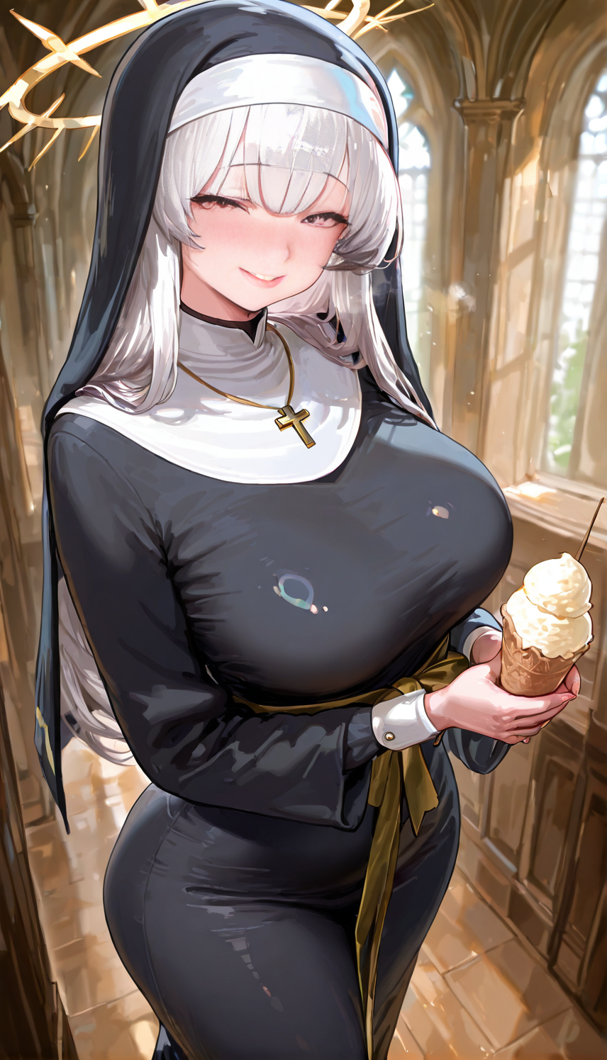 absurd_res ai_generated ass big_hips big_thighs blush breasts chapel chubby chubby_belly church female fingernails halo ice_cream indoors large_breasts long_hair looking_at_viewer looking_up massive_ass mature_female nun nun_outfit parted_lips pink_eyes sash shiny smile solo solo_female white_hair