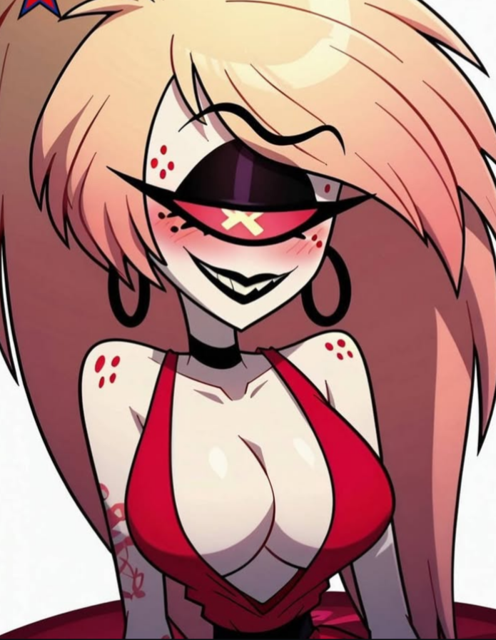 ai_generated big_breasts black_lipstick blush blushing_at_viewer cherri_bomb cherri_bomb_(hazbin_hotel) cyclops demon demon_girl freckles freckles_on_face freckles_on_shoulders hazbin_hotel one_eye succubus