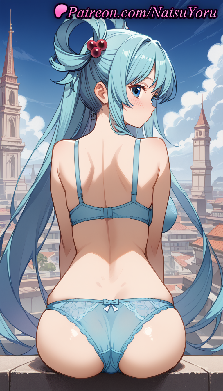 1girls ai_generated anime anime_style aqua_(konosuba) aqua_hair asian ass back backboob bangs bare_arms bare_shoulders big_ass blue_bra blue_eyes blue_hair blue_panties blue_sky blush bow bow_panties bra breasts building bust busty castle closed_mouth cloud day dimples_of_venus female female_focus female_only from_behind hair_bobbles hair_ornament hair_rings kono_subarashii_sekai_ni_shukufuku_wo! large_breasts long_hair looking_at_viewer looking_back median_furrow nape natsuyoru oshiri outdoors panties pantsu shoulder_blades single_hair_ring sitting skindentation sky solo solo_female tower twintails underwear underwear_only very_long_hair voluptuous voluptuous_female