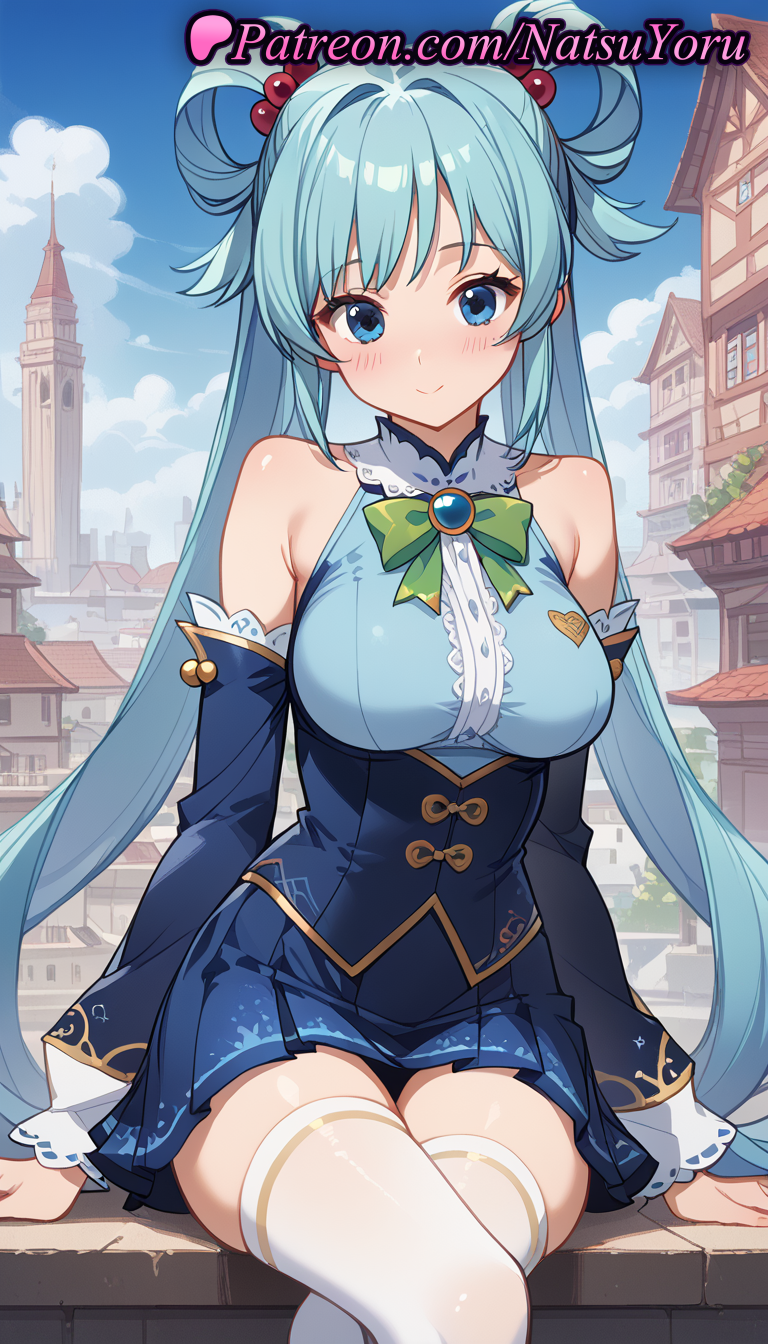 1girls ai_generated anime anime_style aqua_(konosuba) aqua_hair asian bangs bare_shoulders blue_eyes blue_hair blue_shirt blue_skirt blue_sky blush bow bowtie breasts brooch building bust busty center_frills closed_mouth cloud corset crossed_legs day detached_sleeves female female_focus female_only female_solo frills green_bow green_bowtie hair_bobbles hair_ornament hair_rings hentai kono_subarashii_sekai_ni_shukufuku_wo! large_breasts legwear long_hair long_sleeves looking_at_viewer medium_breasts miniskirt natsuyoru non-asian outdoors pleated_skirt shirt single_hair_ring sitting skirt sky sleeveless sleeveless_shirt smile solo solo_female thighhighs thighs tower twintails underbust very_long_hair voluptuous voluptuous_female white_thighhighs zettai_ryouiki