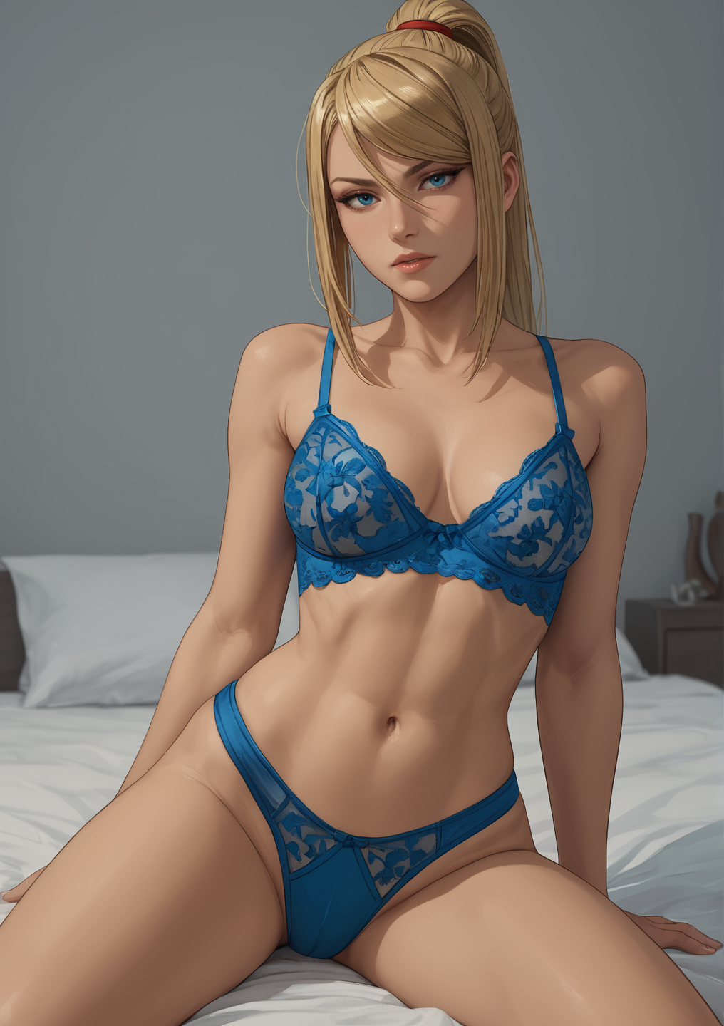 1girls abs ai_generated anonymous_artist bed belly_button blonde_hair blue_eyes blue_lingerie breasts female female female_only fit high_res highres lace lace-trimmed_bra lace-trimmed_panties lace-trimmed_thighhighs lace_trim light_skinned_female lingerie looking_at_viewer metroid muscular muscular_female navel nintendo ponytail samus_aran scrunchie solo underwear