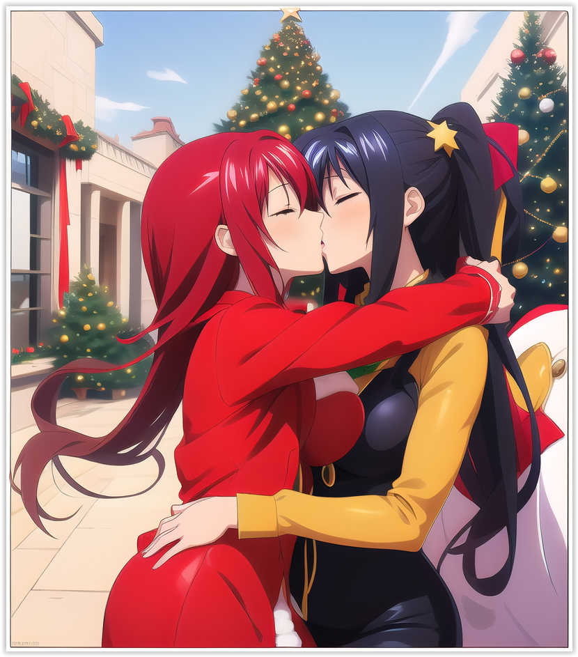 2females 2girls 2women ai_generated akeno_himejima christmas girl_on_girl high_school_dxd lesbian_couple lesbian_kiss lovers rias_gremory sapphic yuri